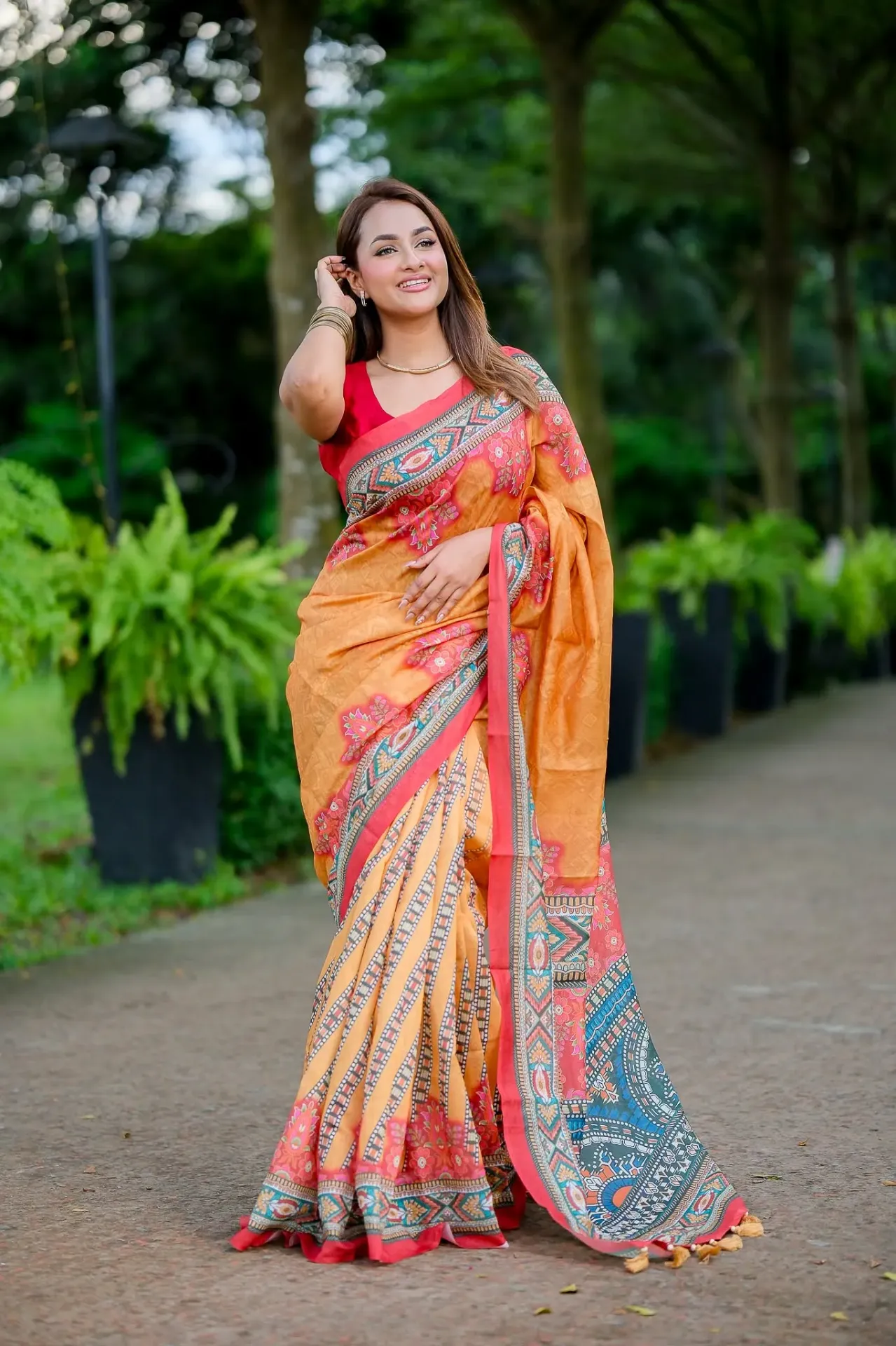 Divyanayani Mustard-Orange Body Teal Green Mix Cotton Sharee