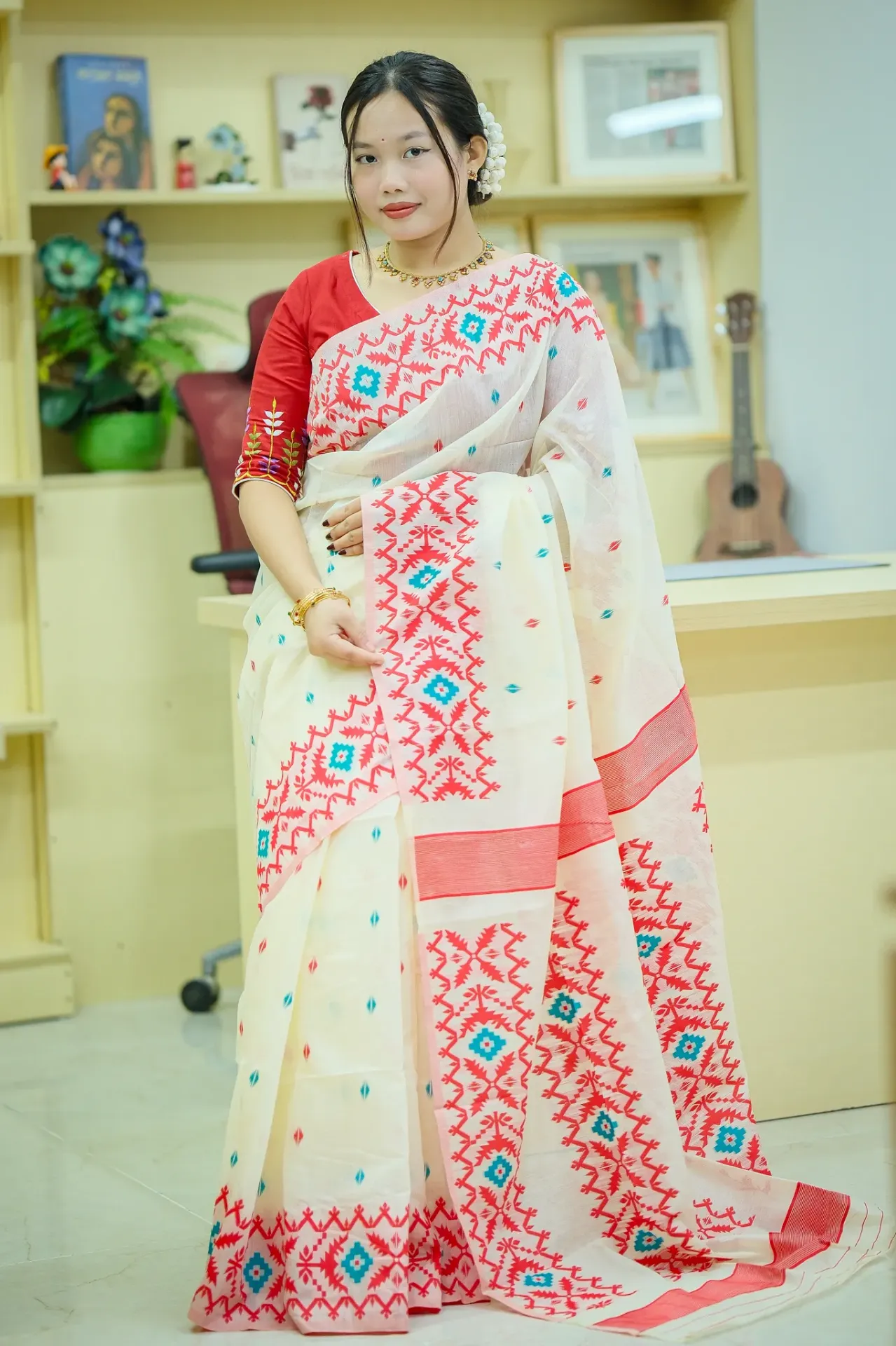 [0119] Cream Body Red Geometric Anchal HS Tantuj Sharee