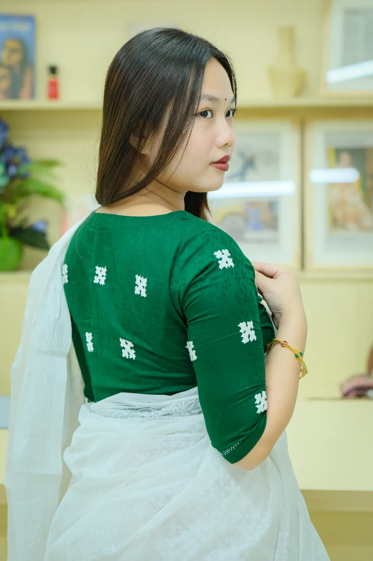 Forest Green White Hand Work Blouse