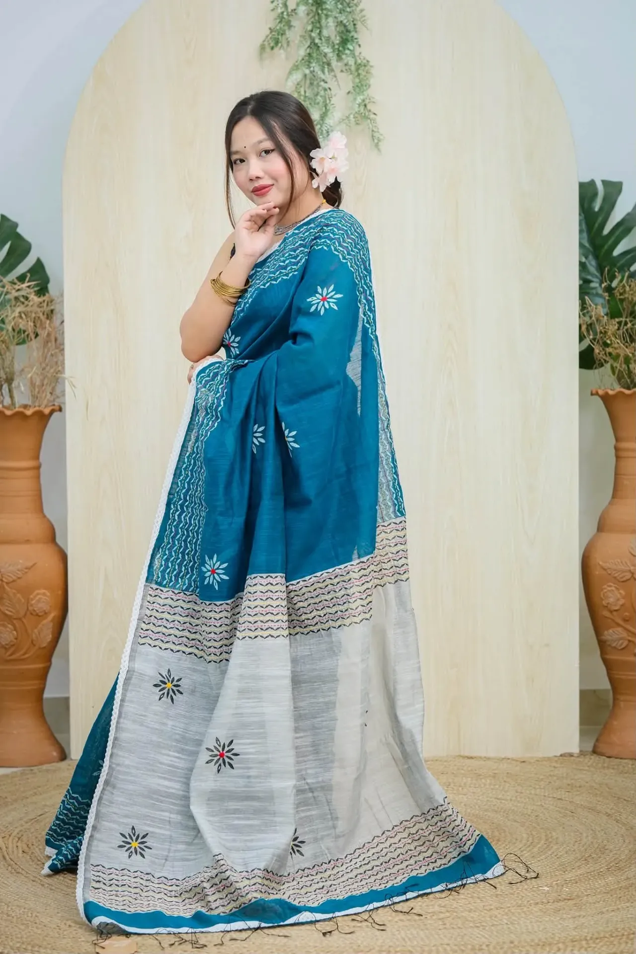 Rich Teal Body Ash Anchal Hand Work Sharee