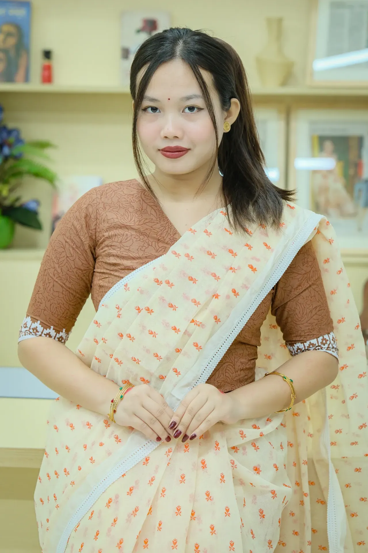 Brown Floral Screen Print Cotton Blouse