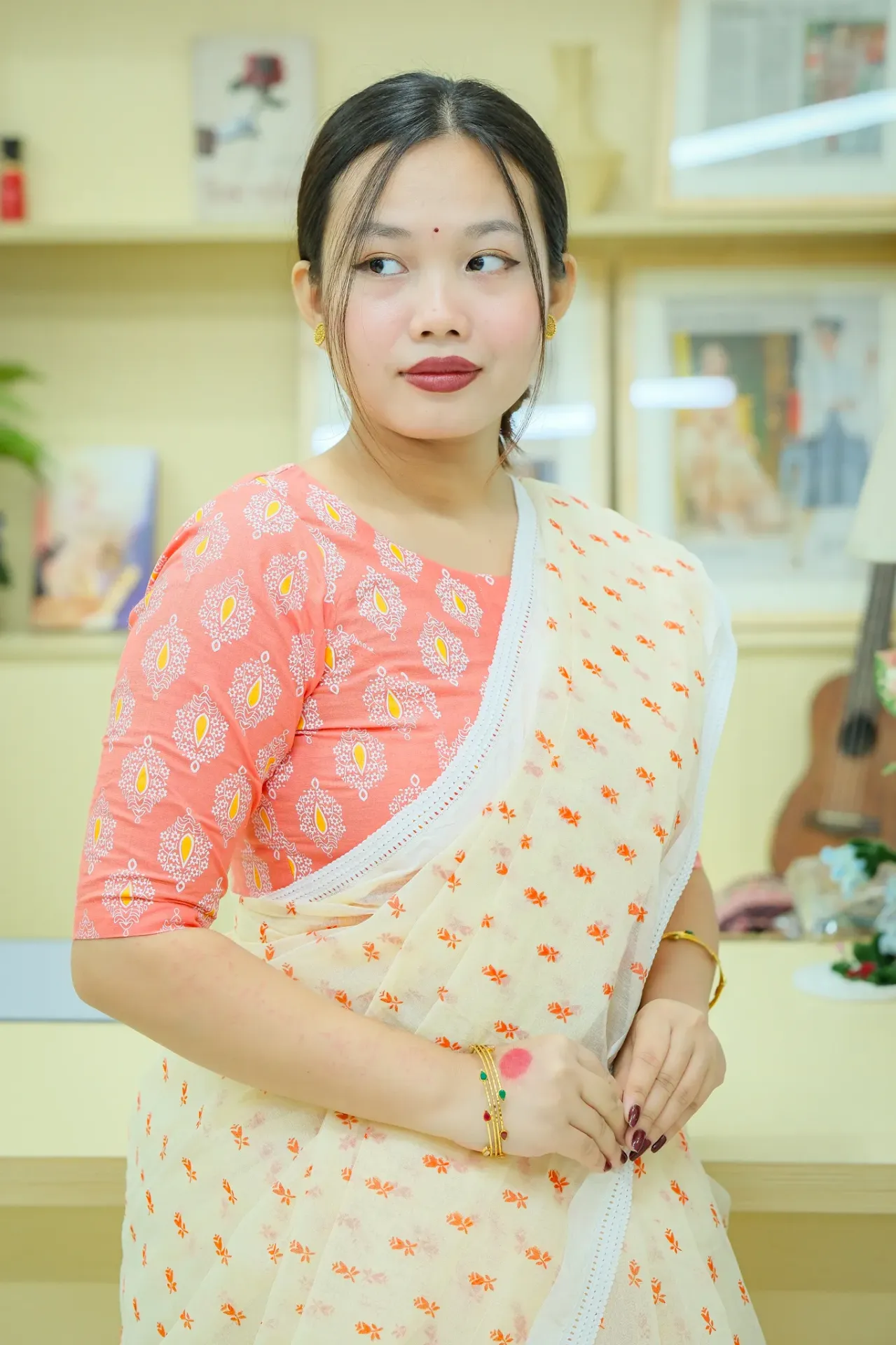 Peach White Teardrop Screen Print Cotton Blouse
