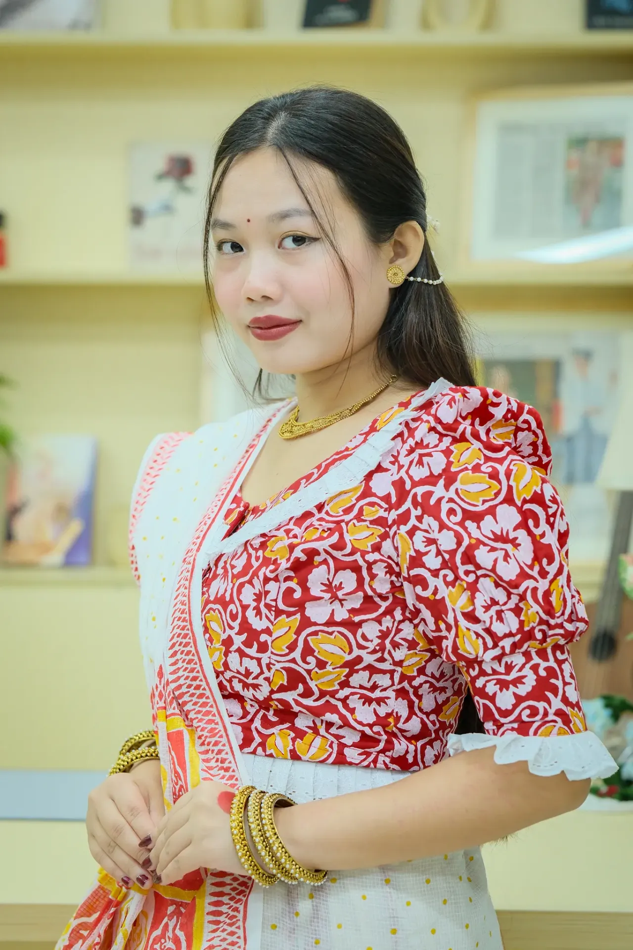 Red White Floral Screen Print Cotton Blouse