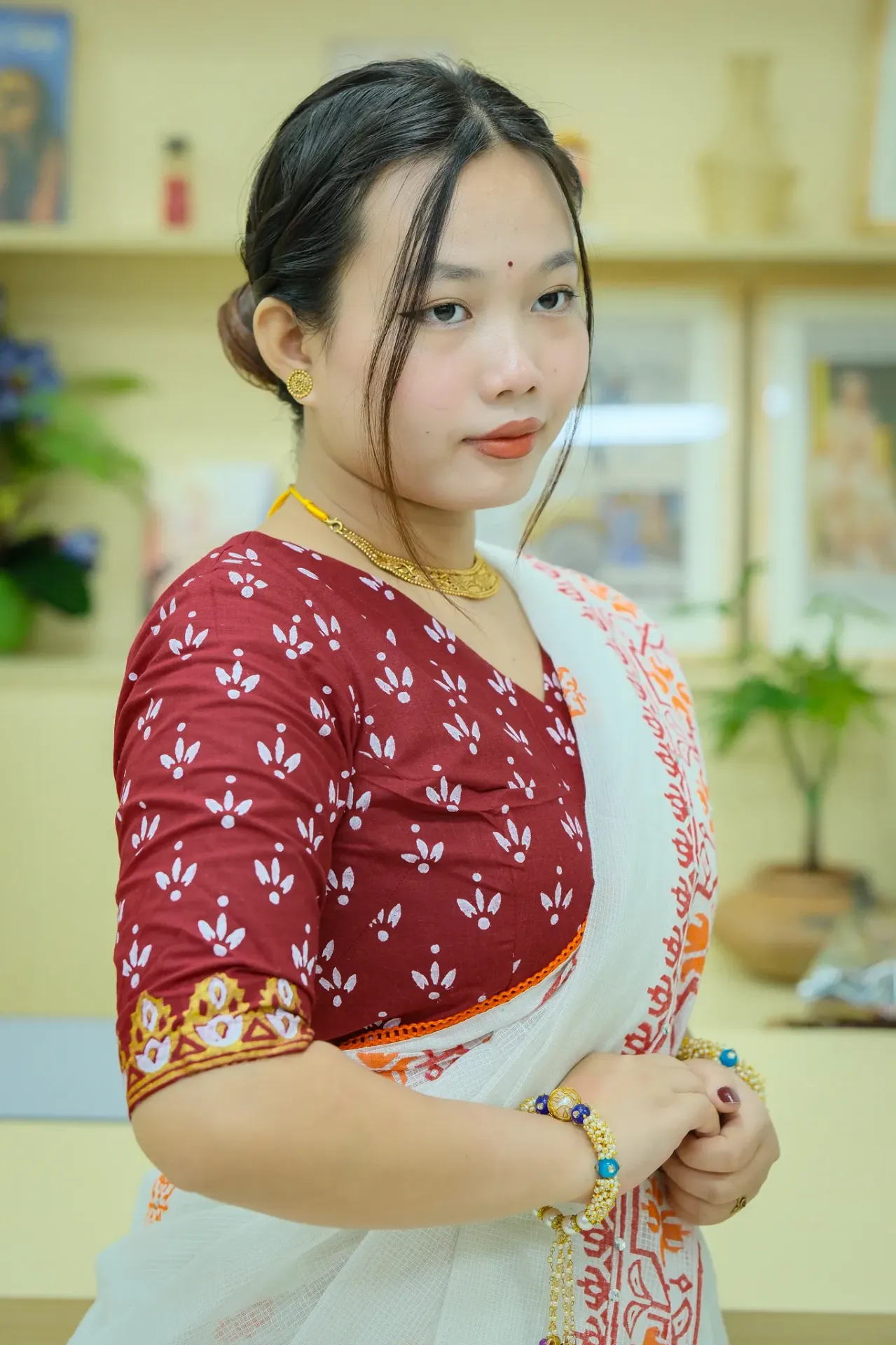Maroon White Golden Screen Print Cotton Blouse