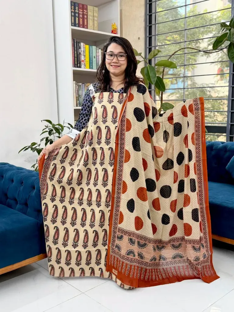 Cream Black Burnt Orange Motifs Cotton Three Piece