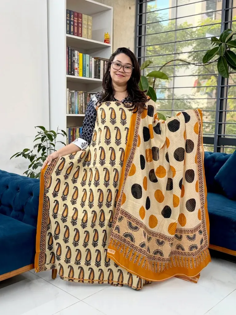 Cream Mustard Yellow Black Cotton Three Piece