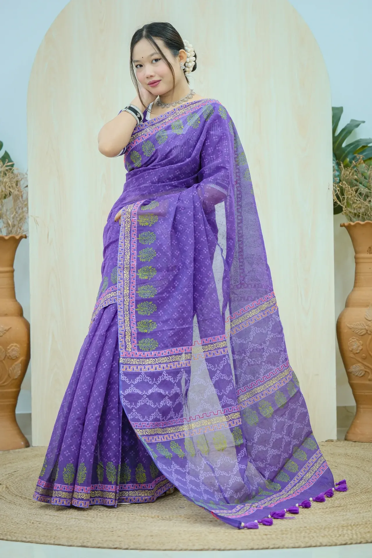Plum Green Geometric Paar Hand Work Sharee