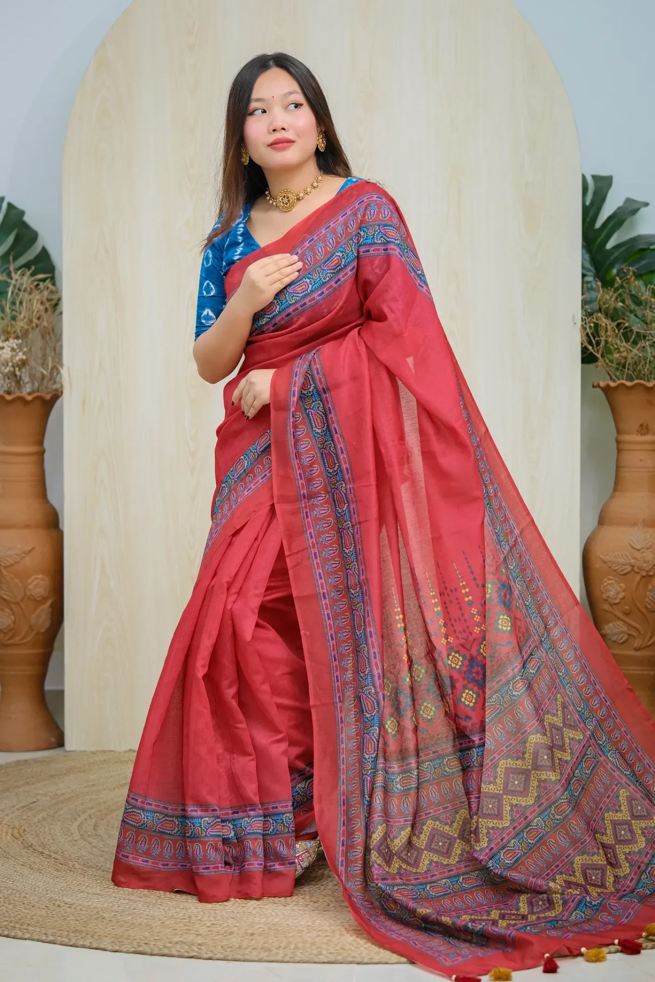 Vibrant Red Geometric Paisley Mix Cotton Sharee