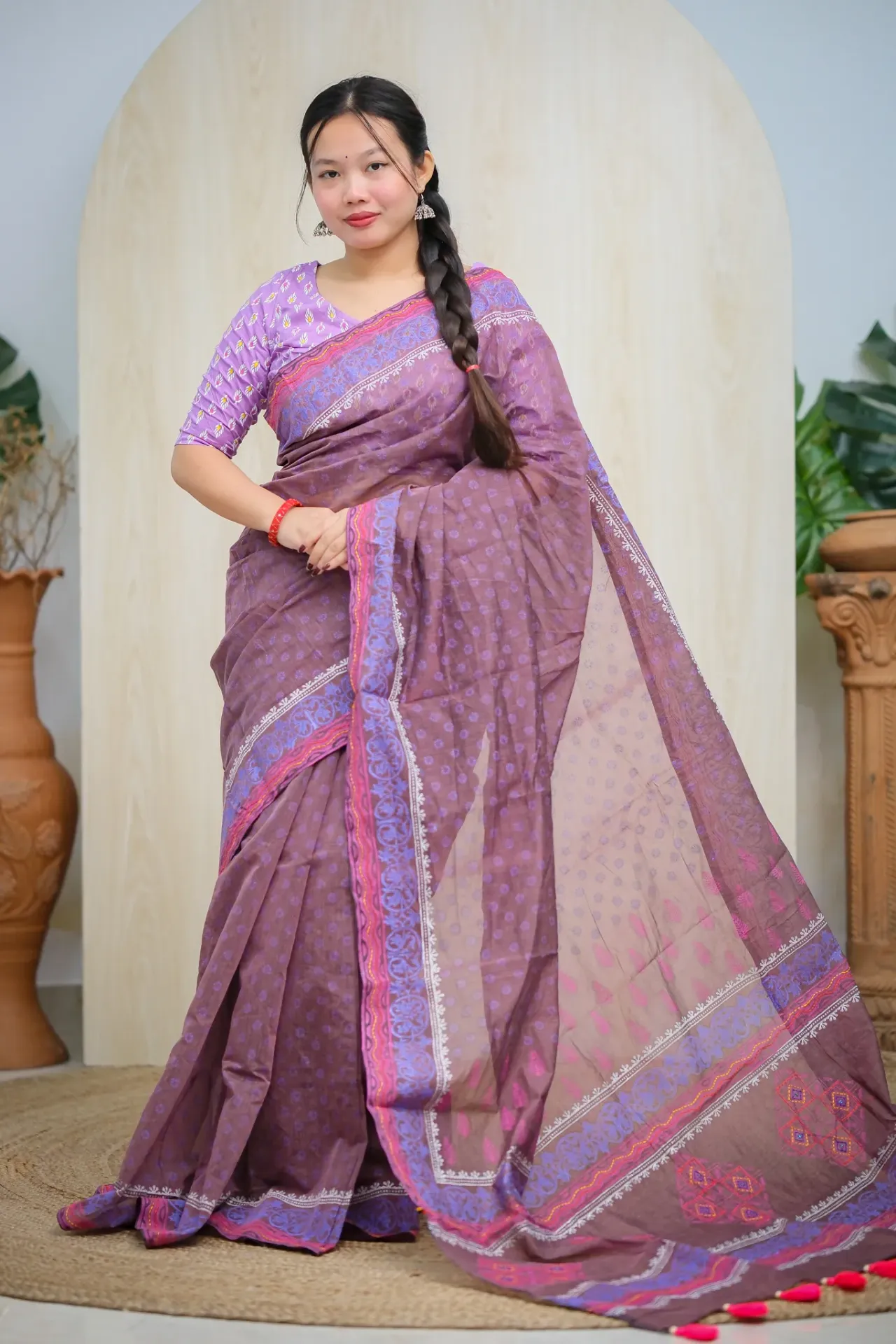 Dusty Purple Body Pink Paar Hand Work Sharee