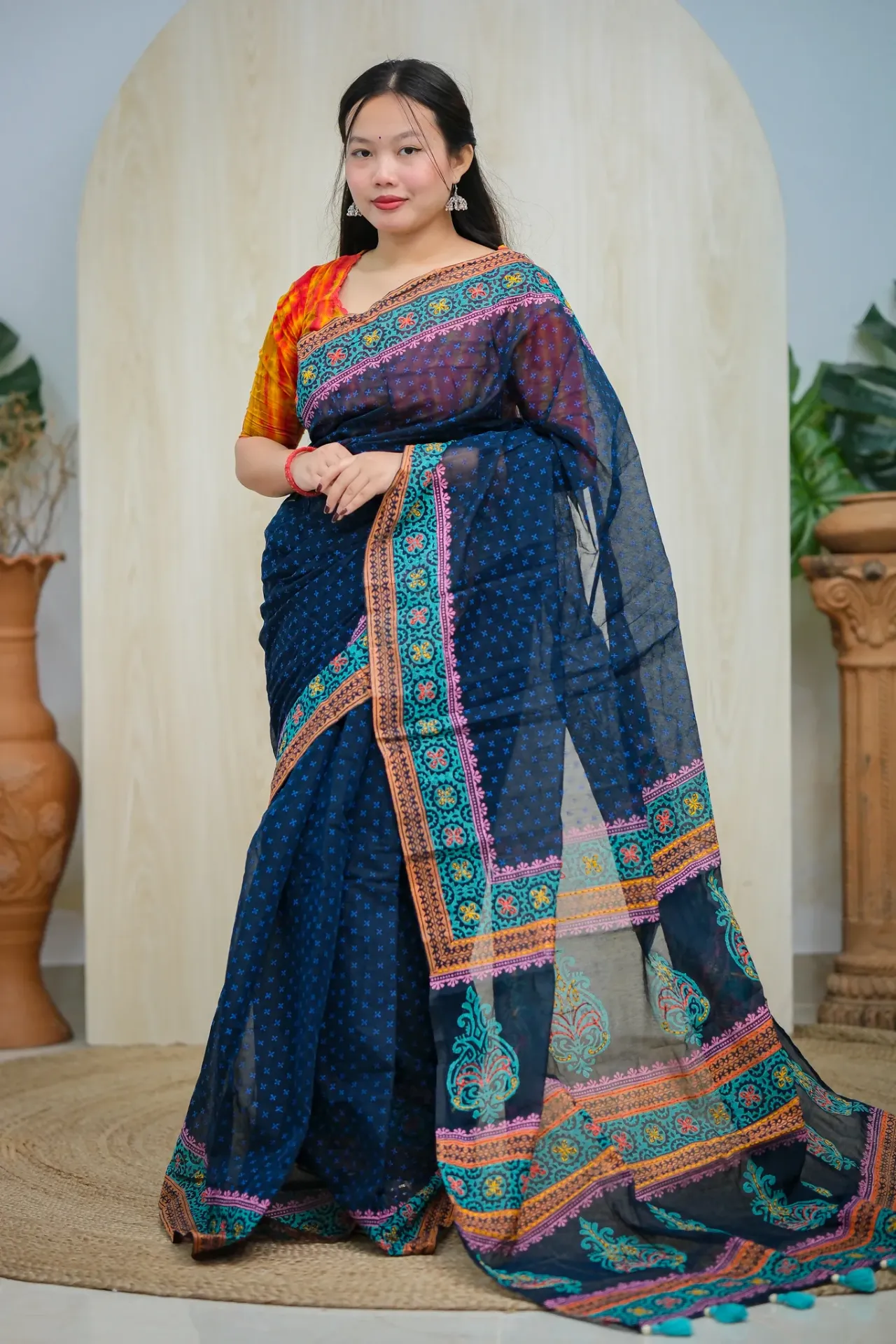 Deep Royal Blue Body Peach Paar Hand Work Sharee