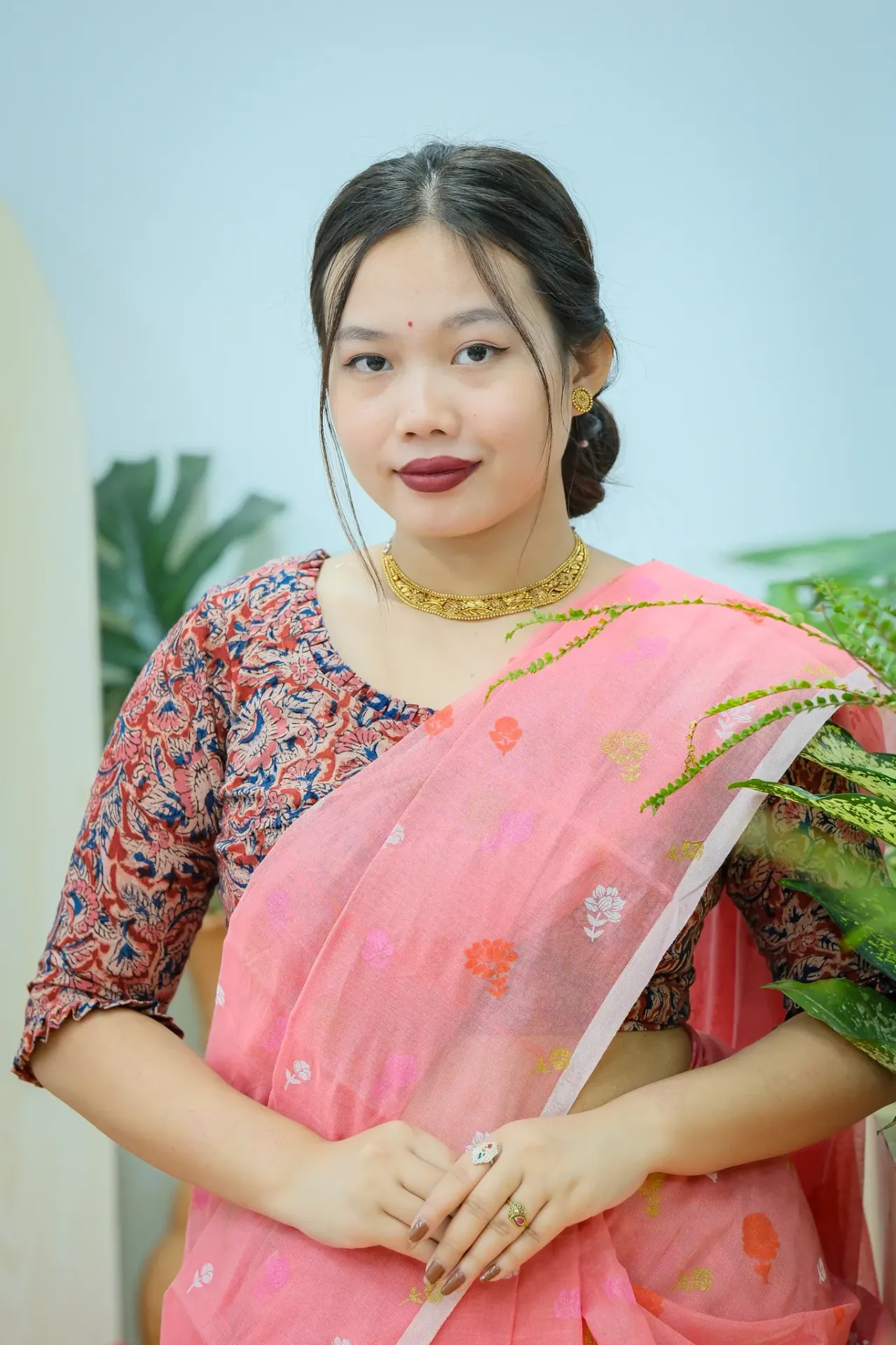 Maroon Blue Floral Kalamkari Blouse