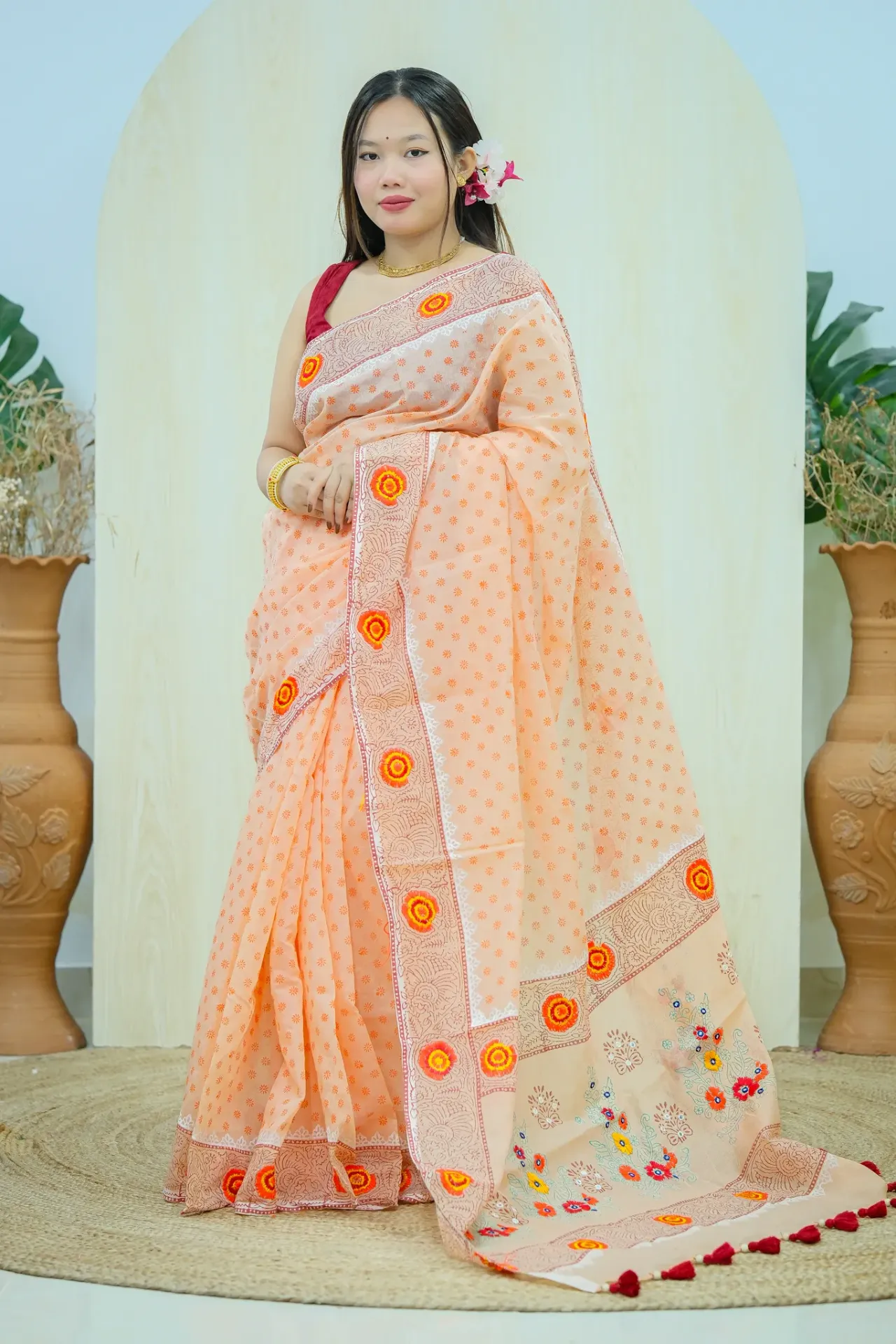 Peach Body Small Design Hand Work Sharee