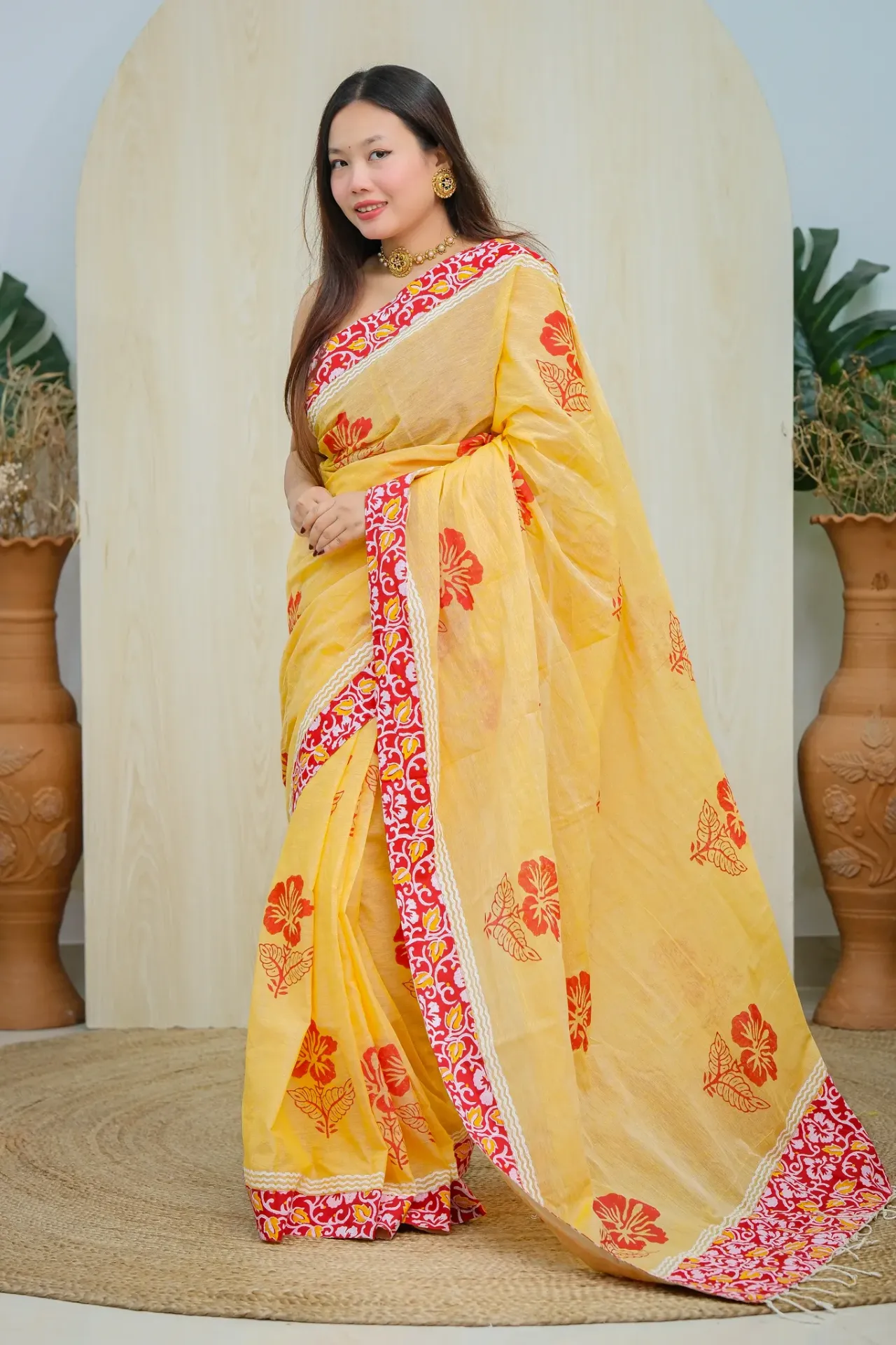 Pastel Yellow Red Floral Patchwork Sharee