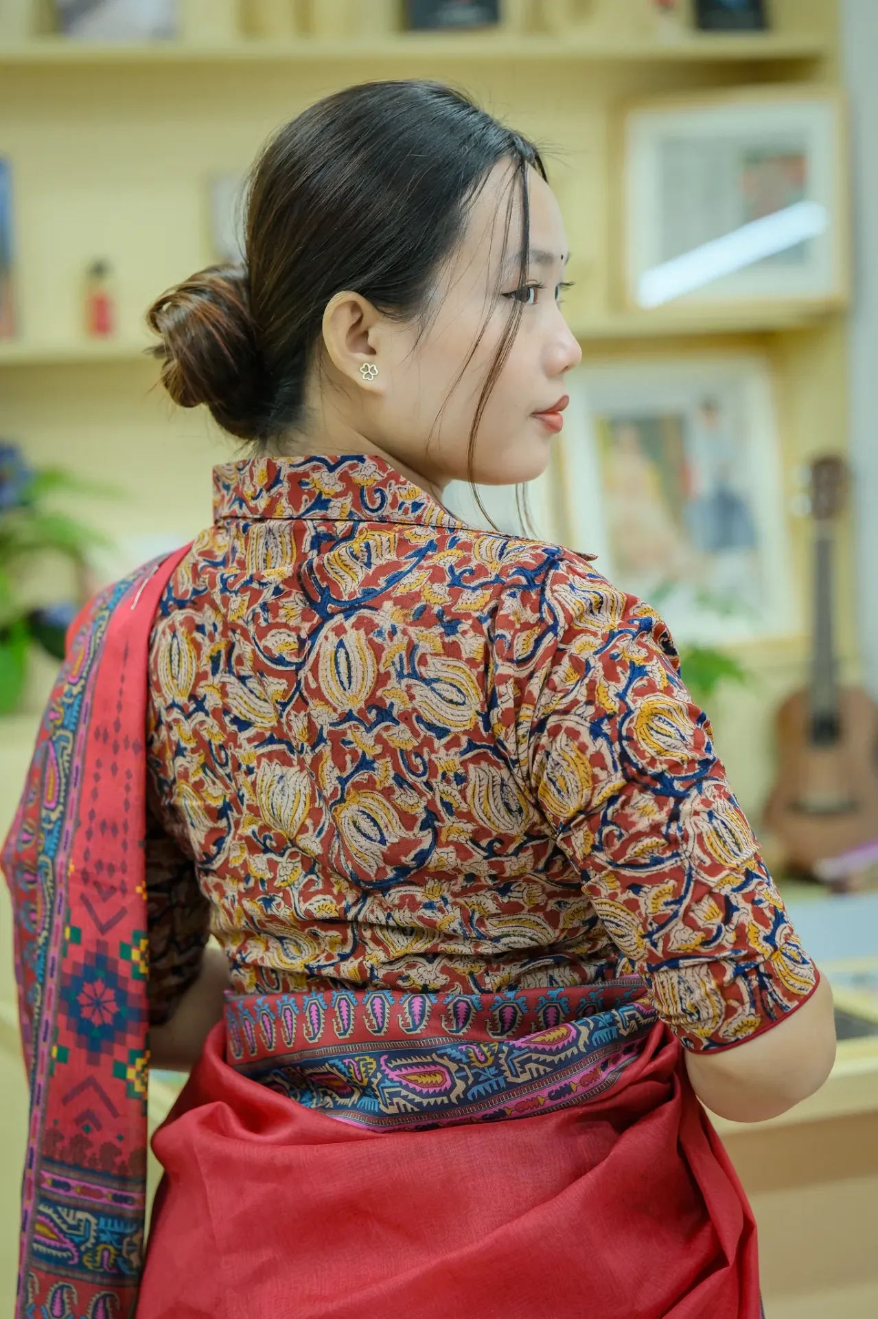 Rich Red Navy Blue Paisley Motif Kalamkari Blouse