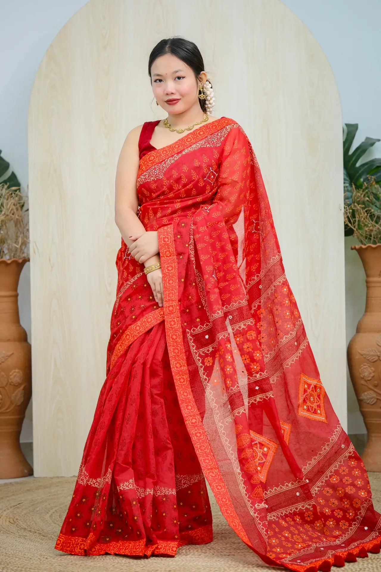 Red Orange Leaf Motifs Hand Work Sharee