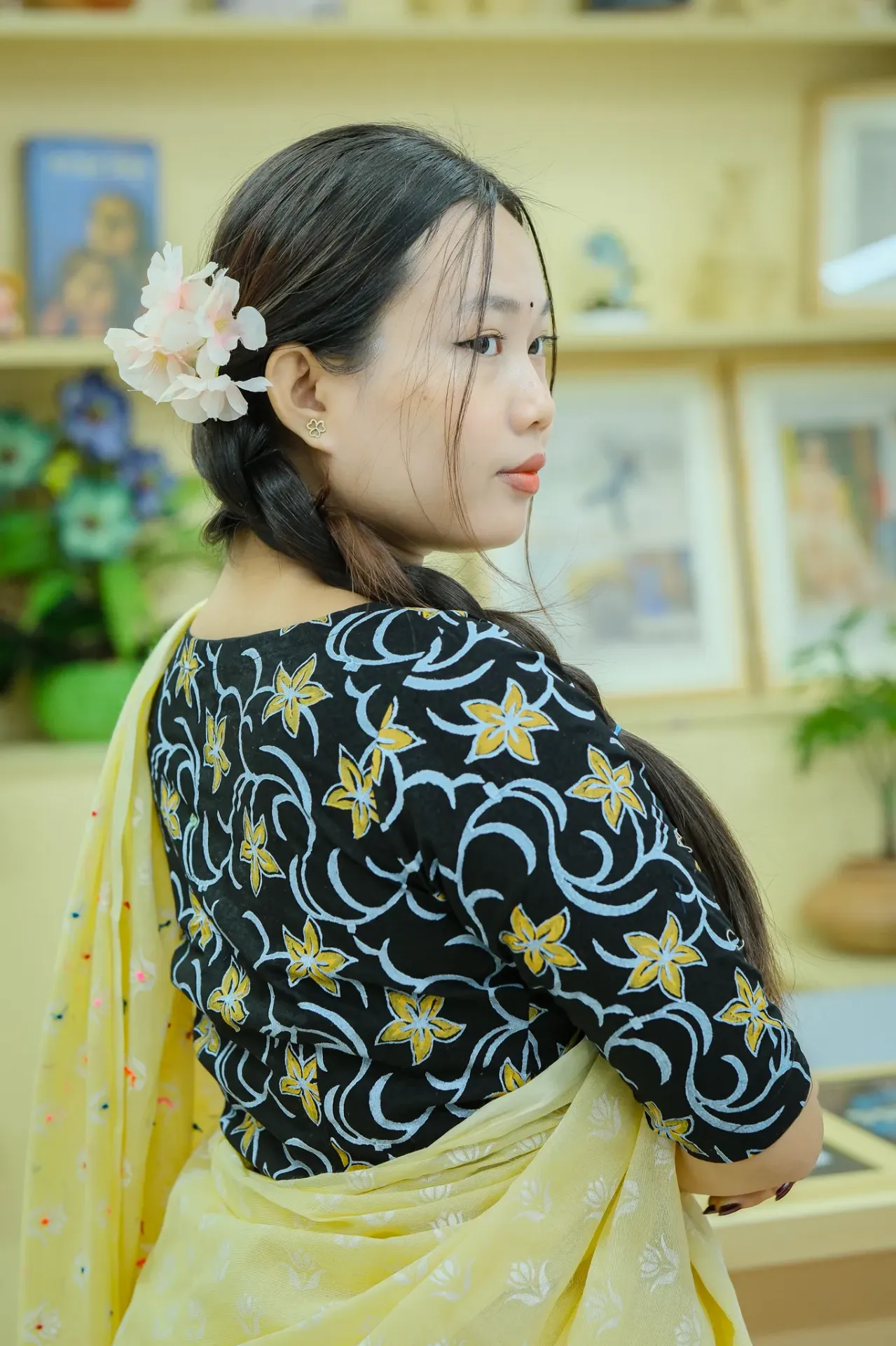 Black Vibrant Yellow Floral Screen Print Cotton Blouse