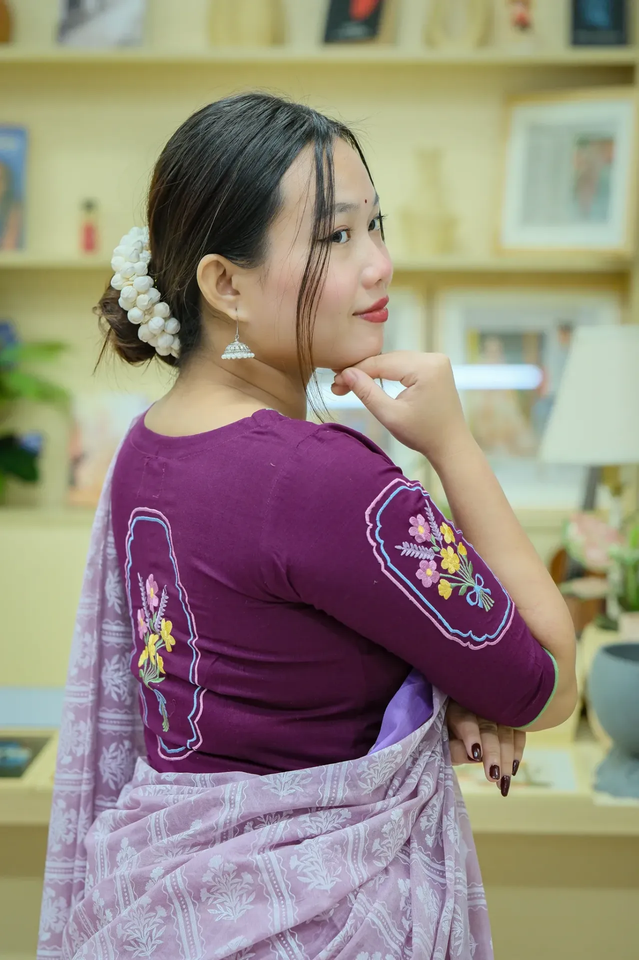 Deep Purple Soft Pink Yellow Floral Embroidery Blouse