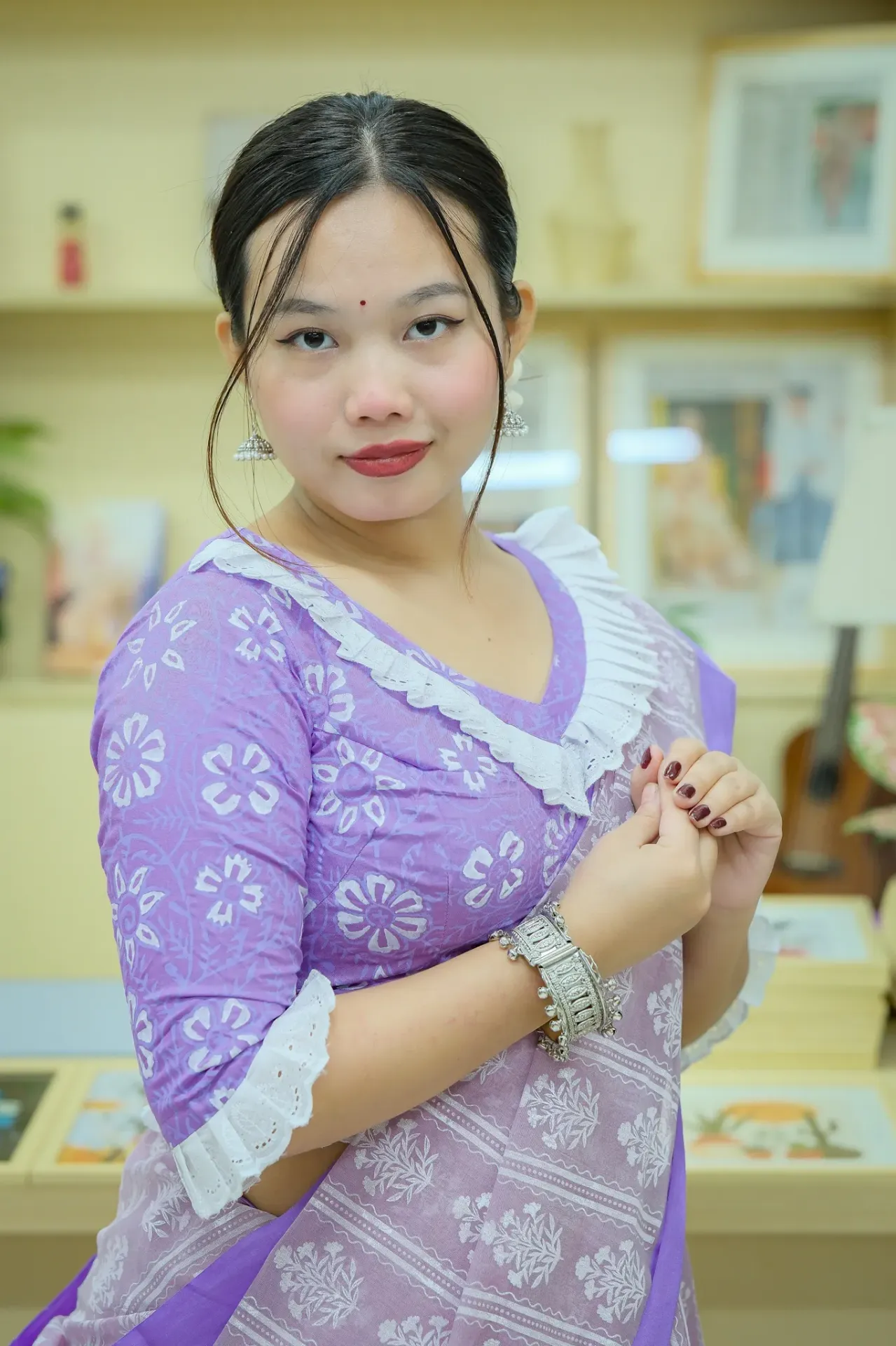 Lavender White Lace Screen Print Cotton Blouse