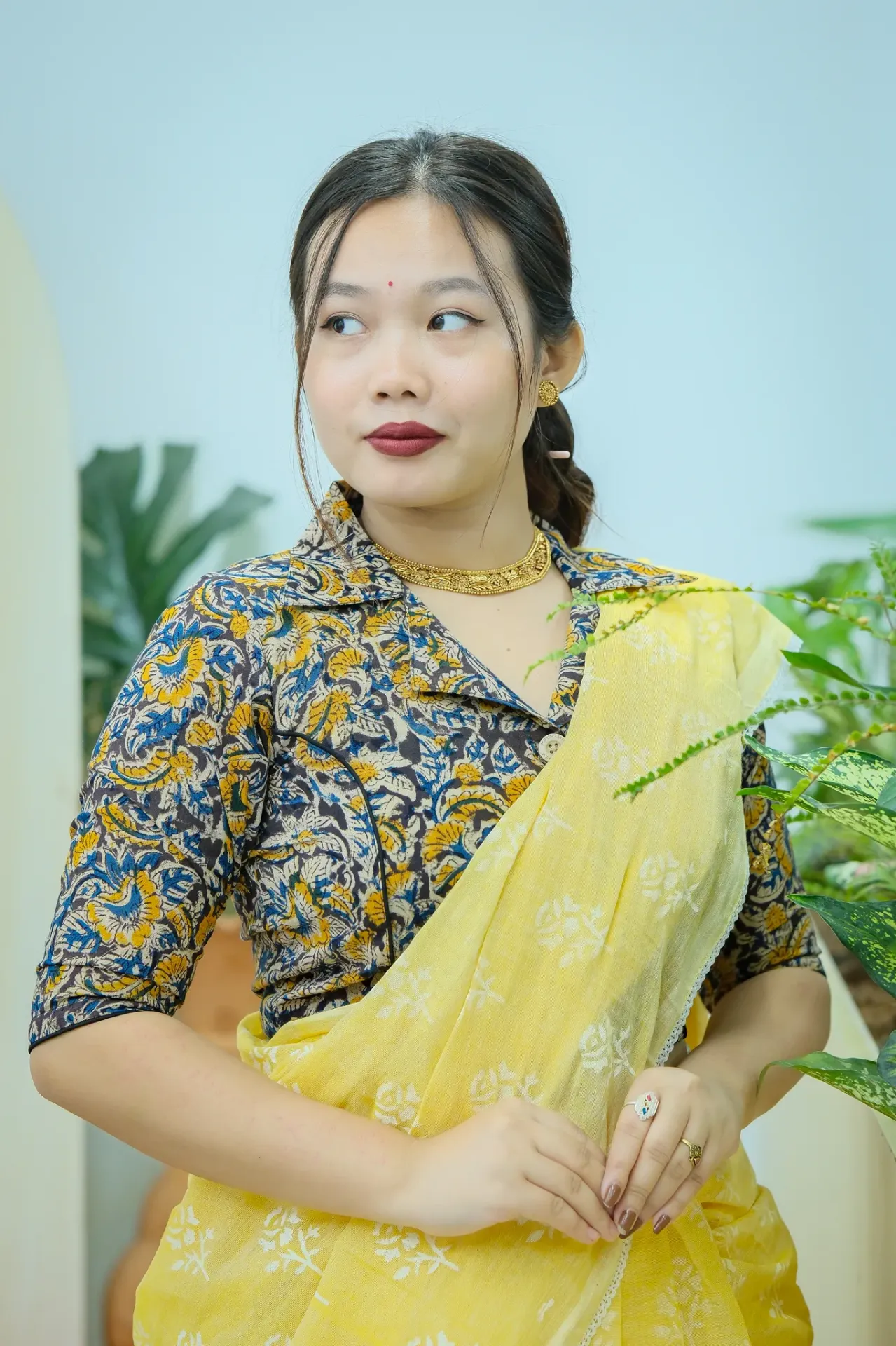 Dark Charcoal Mustard Yellow Royal Blue Kalamkari Blouse
