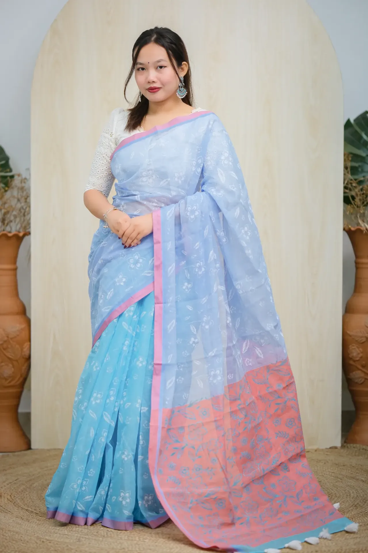Sky Blue Body Soft Pink Floral Screen Print Half Silk Sharee