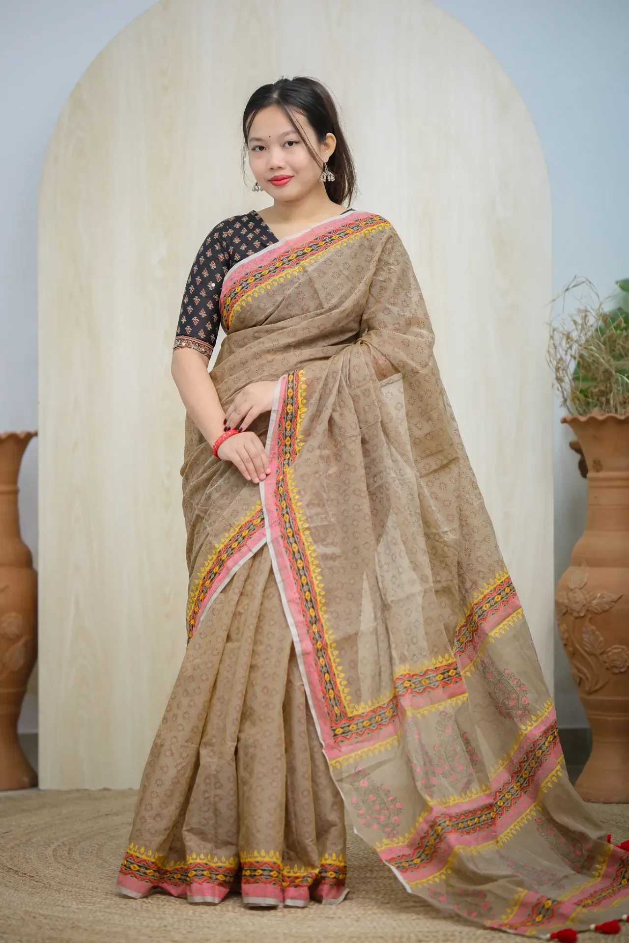 Grayish-Taupe Body Pink Floral Hand Work Sharee