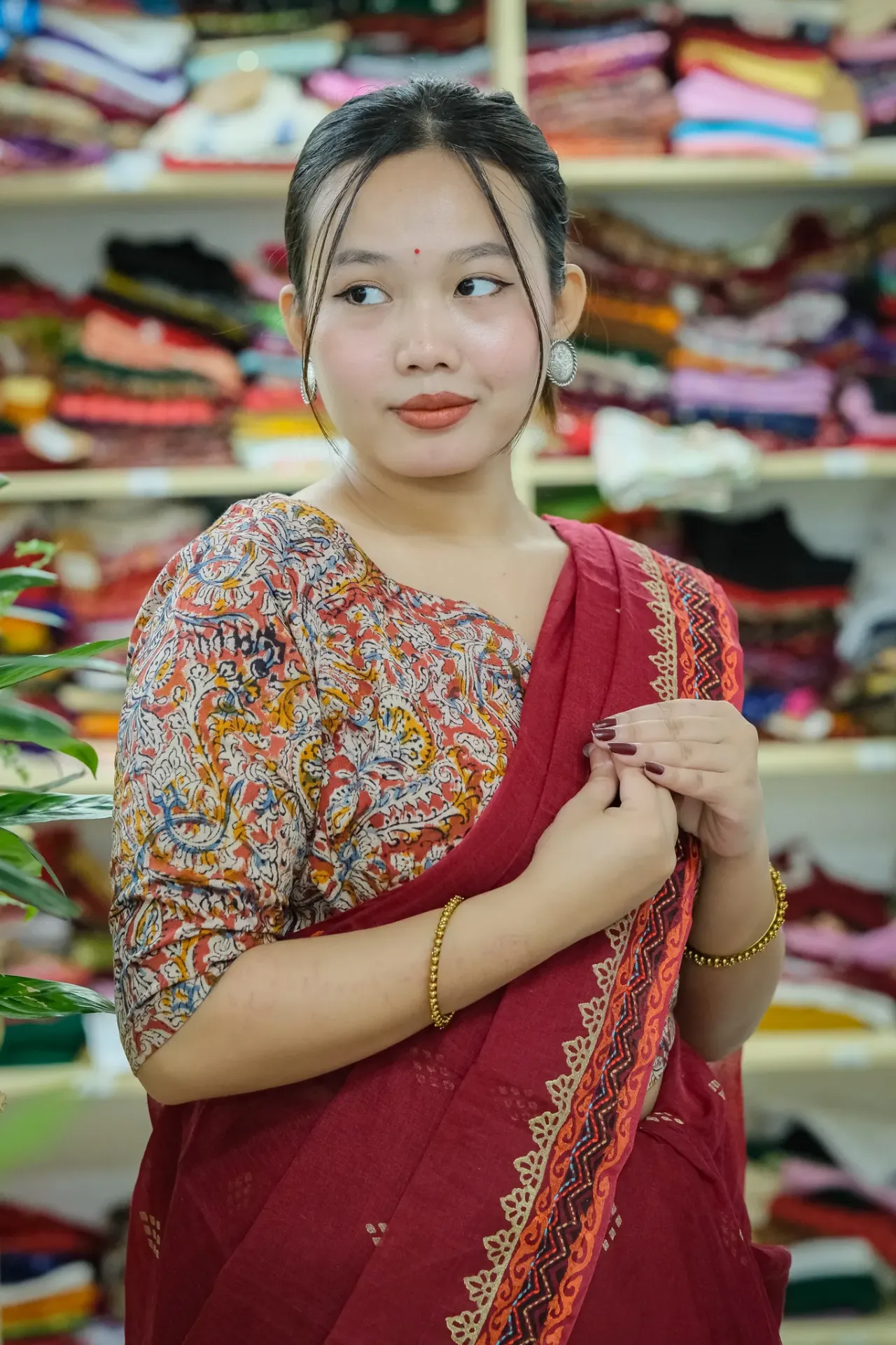 Terracotta Red Beige Floral Kalamkari Blouse