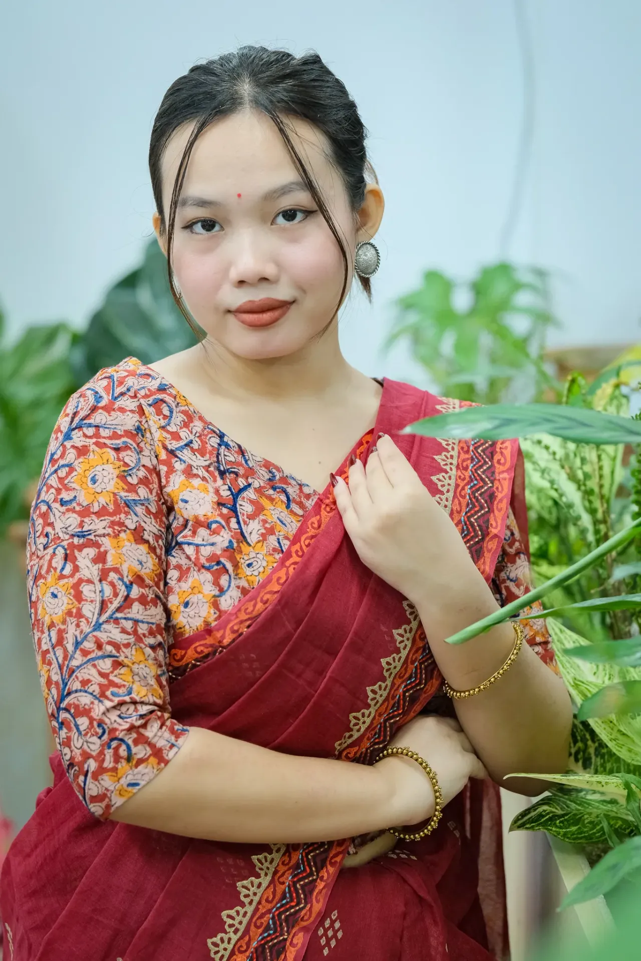 Rust Red Warm Cream Floral Kalamkari Blouse