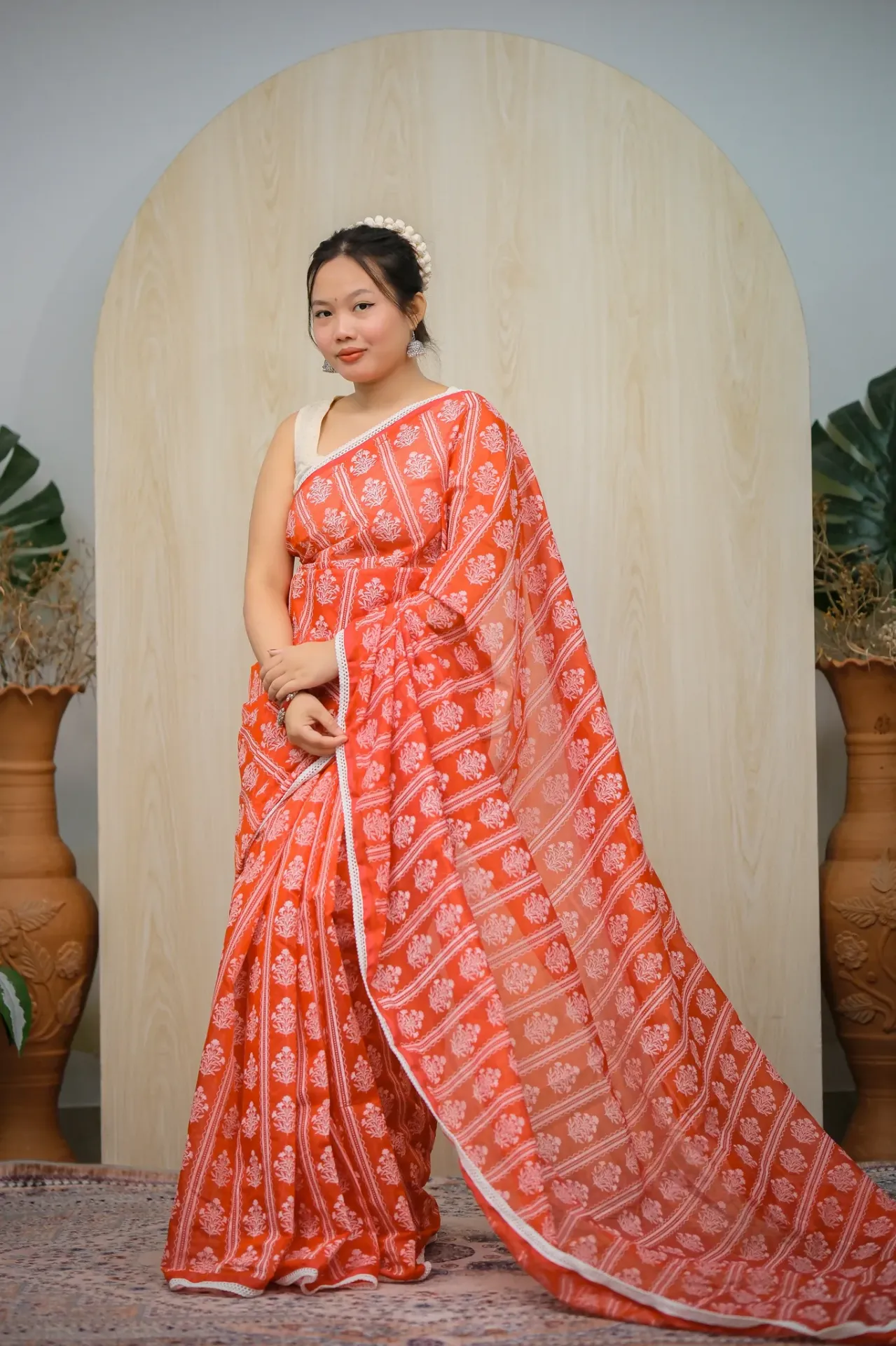 Orange Red Body White Floral Screen Print Half Silk Sharee