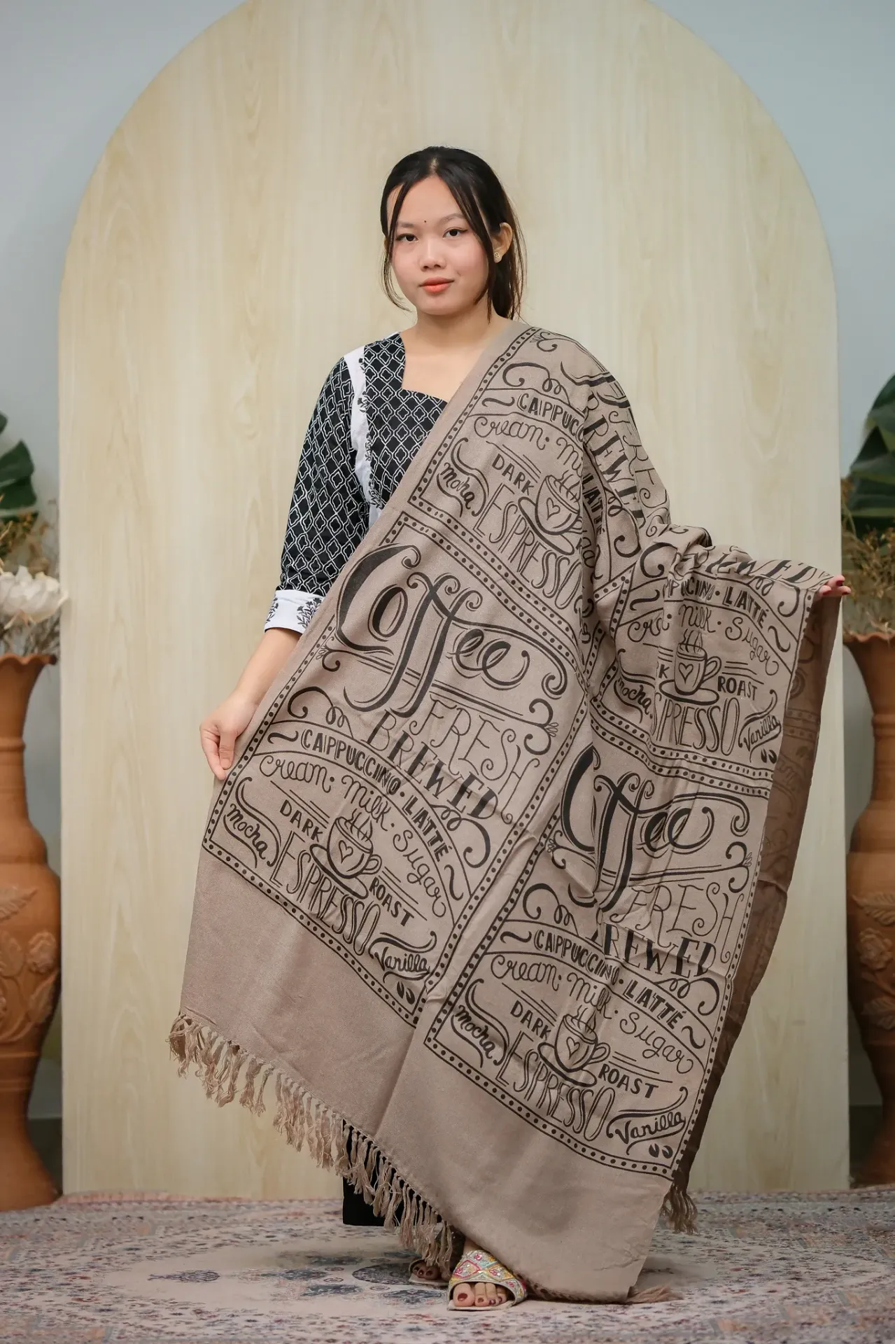Light Beige Coffee Theme Screen Print Shawl