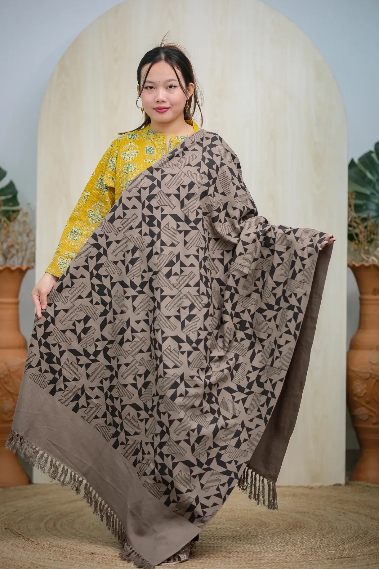 Taupe Black Geometric Design Screen Print Shawl
