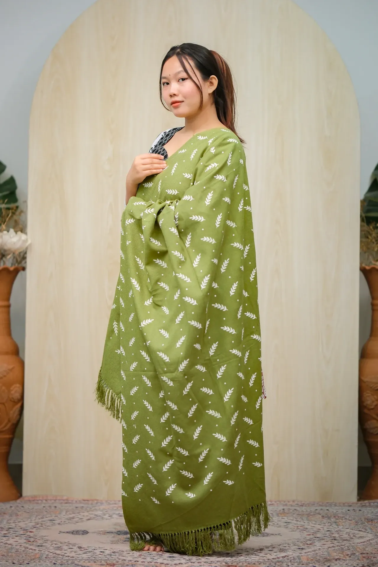 Olive White Botanical Leaf Sprig Screen Print Shawl