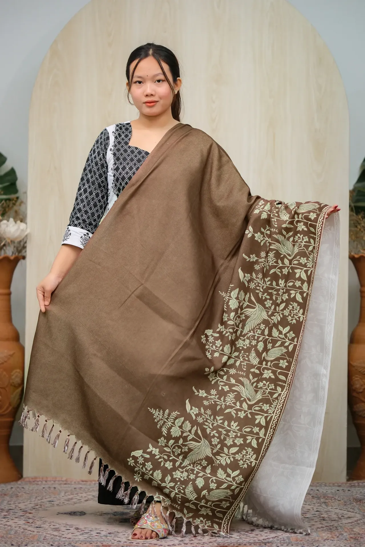 Dark Brown Color Floral And Bird Pattern Design Viscose Digital Print Shawl