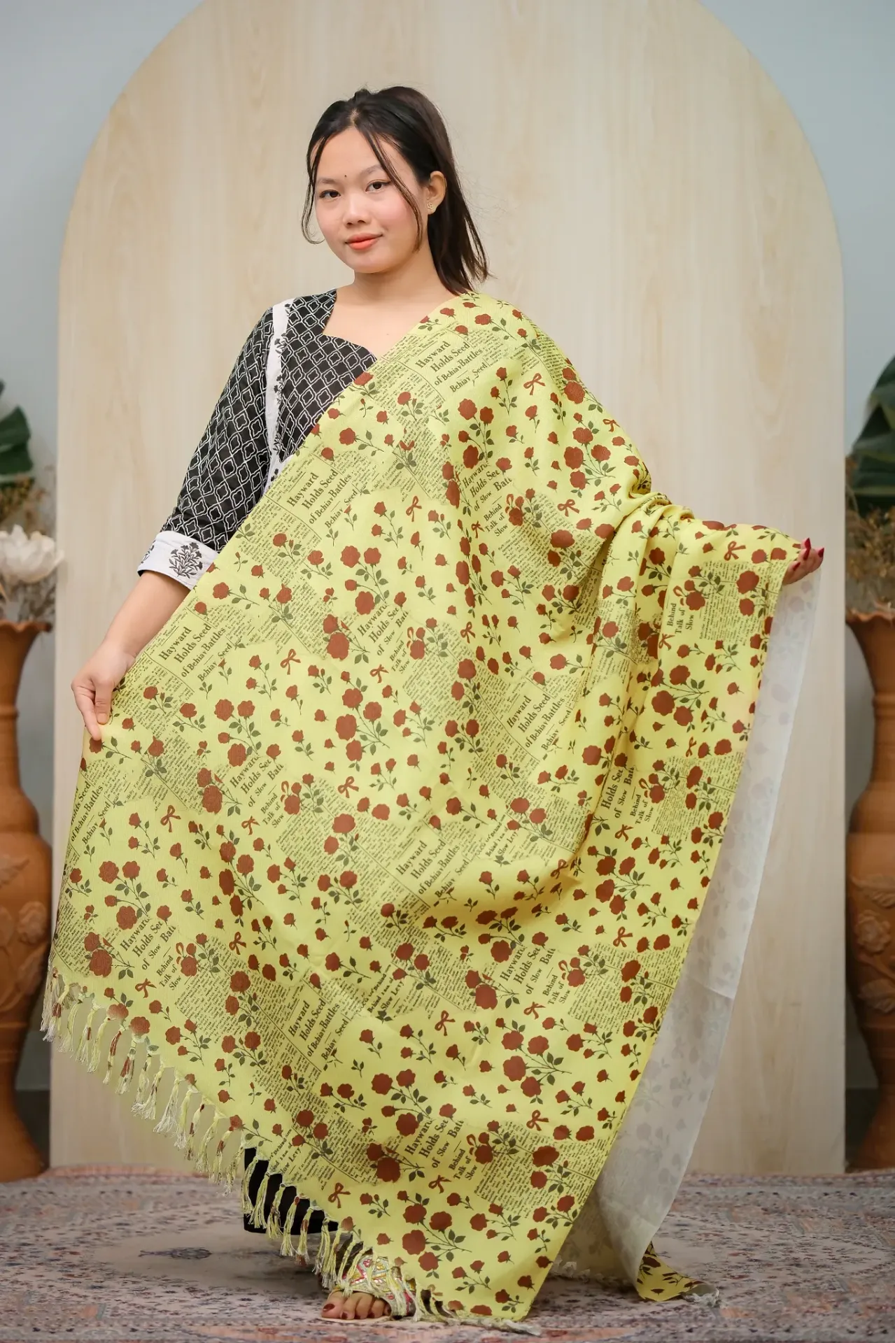 Pale Yellow Body Red Rose And Typography Viscose Digital Print Shawl
