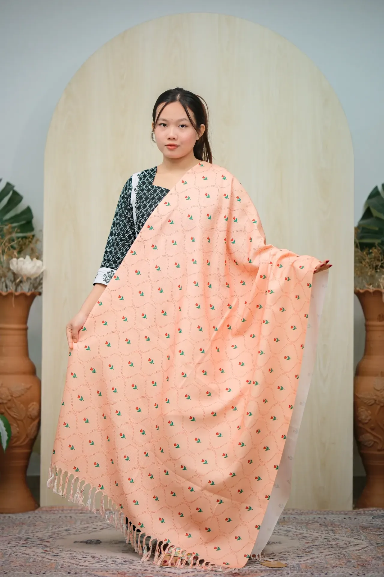 Salmon Pink Red Tulip And Wave Design Viscose Digital Print Shawl