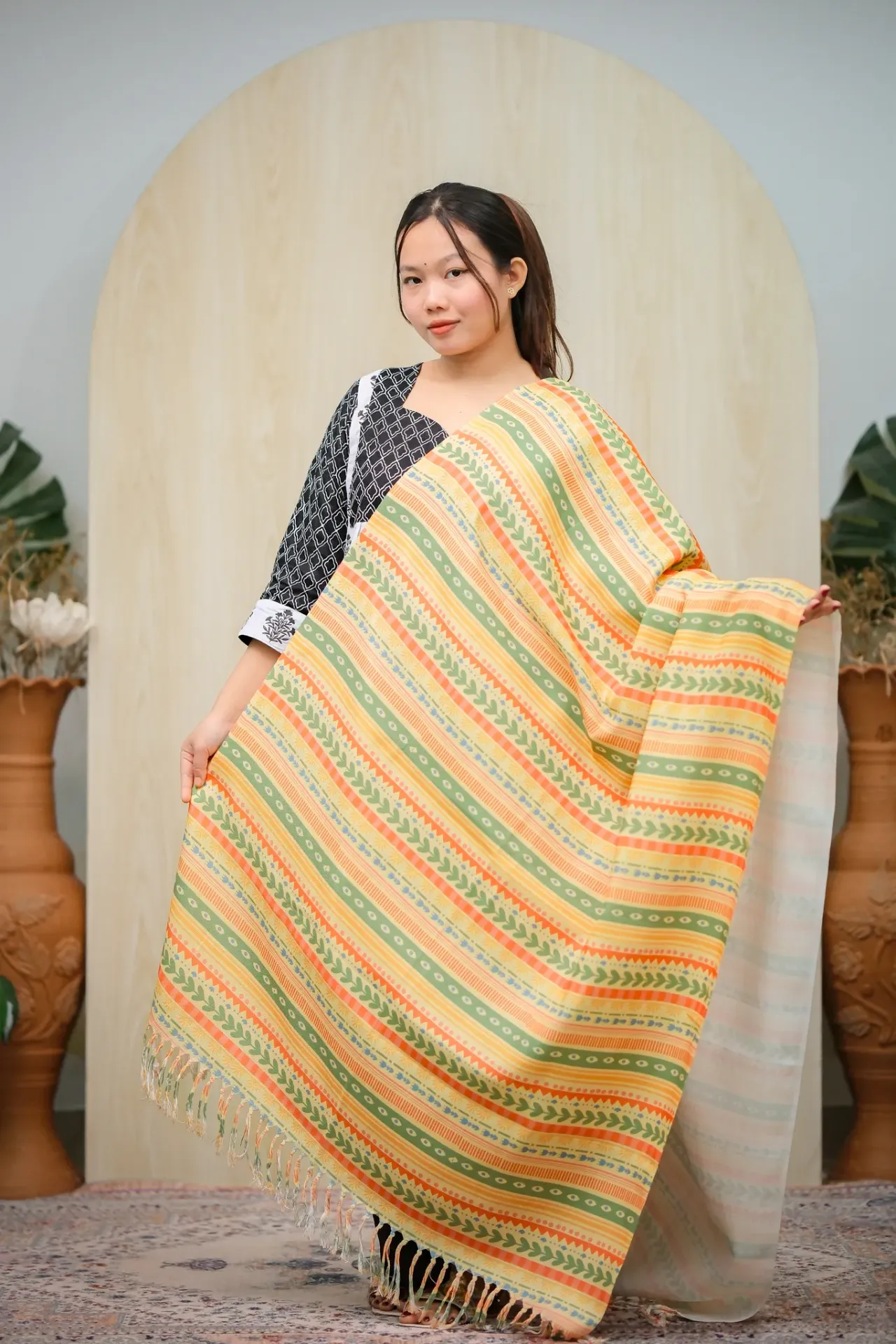 Cream Color Body Multiple Design Pattern Line Viscose Digital Print Shawl