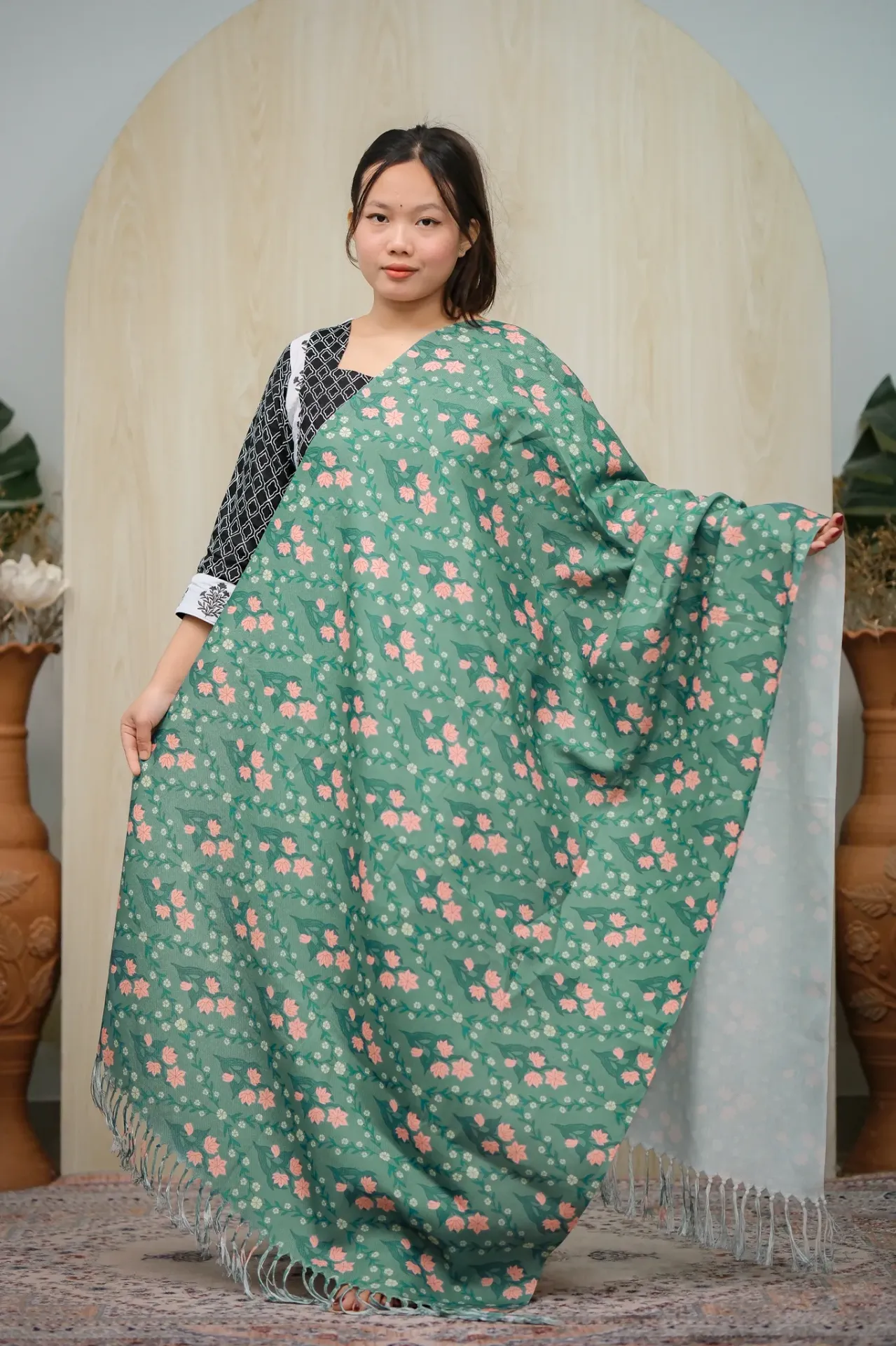 Sea Green Floral Vine Line Viscose Digital Print Shawl