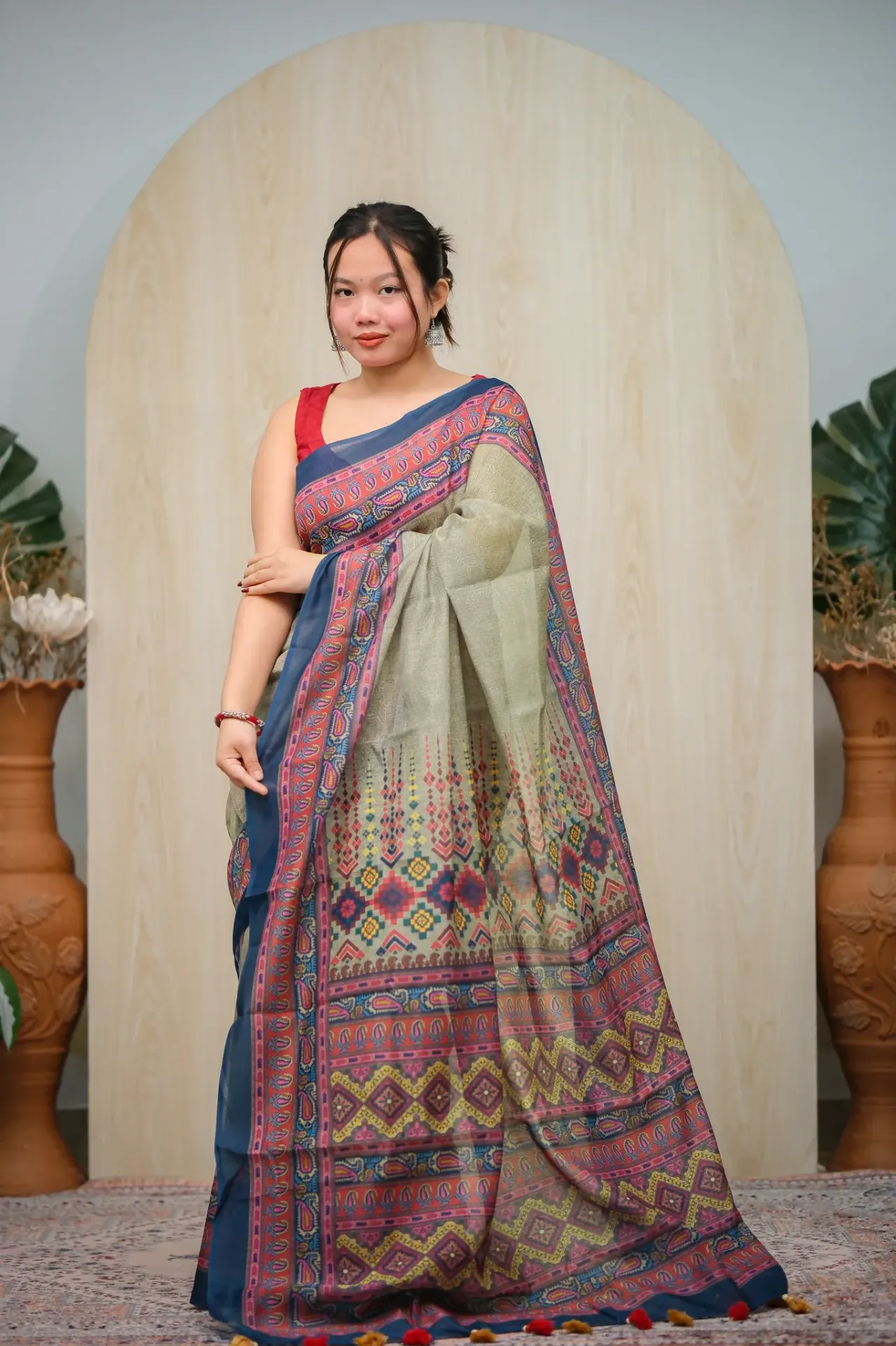 Neutral Beige Geometric Paisley Mix Cotton Sharee