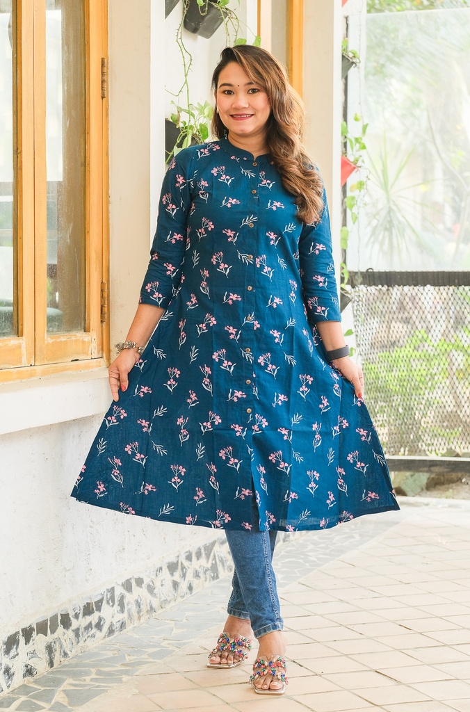 Blue Body Pink Small Flower Tree Front Button Kurti