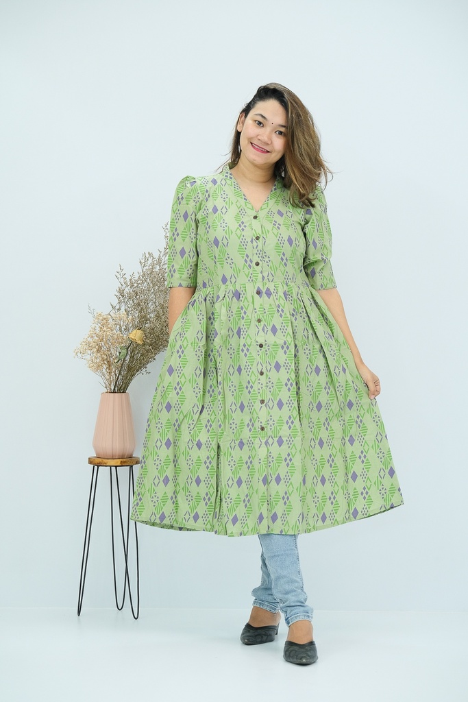 Olive Body Blue Triangle Front Button Frock