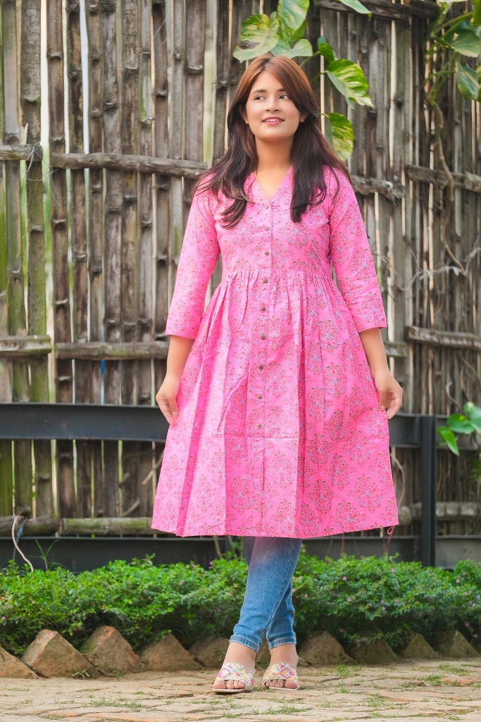 Pink Body Floral Front Button V Neck Frock