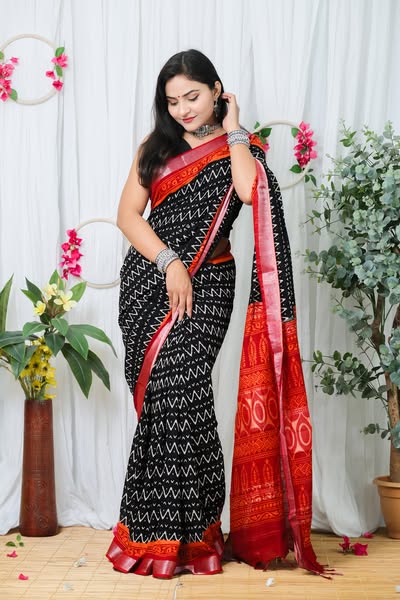 [0116] Black Body White Zigzag Red Anchal Linen Cotton Sharee