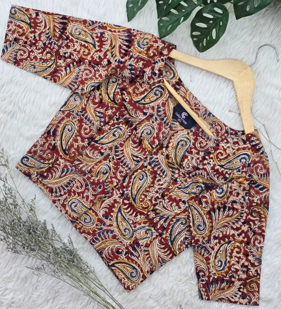 Maroon Blue Kolka Floral Kalamkari Blouse