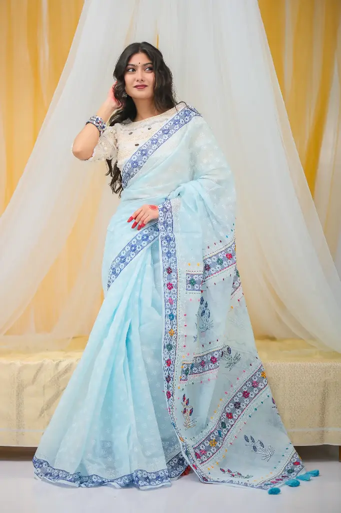 [0102] Iraboti- light sky blue body white block print hand work anchal tassel half silk sharee