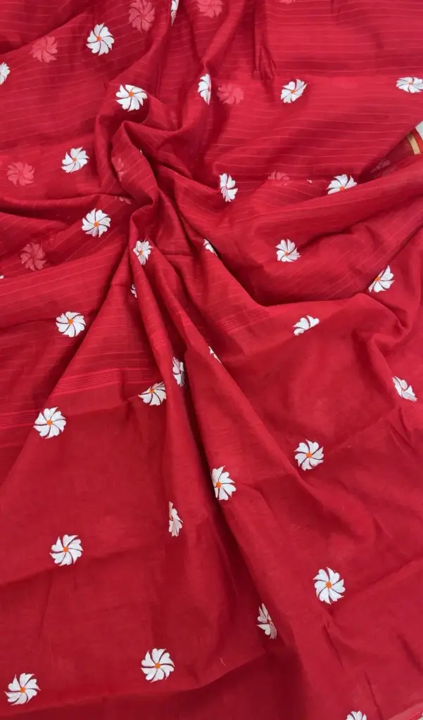 Red Body White Shiuli Half Silk Embroidery Sharee 