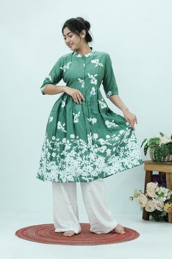 [0304] Green Body White Roses Frock