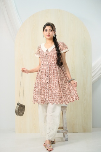 [0304] Off White Body Brown Lotus Baby Collar Frock