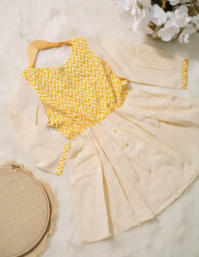 [0304] Joypuri Cotton Yellow Zigzag Frock