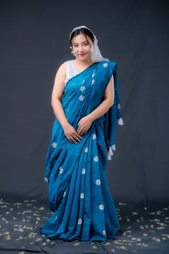 [0109] Ocean Blue Body White Shiuli Half Silk Embroidery Sharee