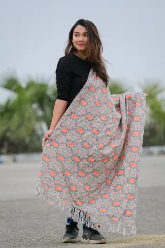 [1003] Ash Orange Green Flower Digital Print Shawl