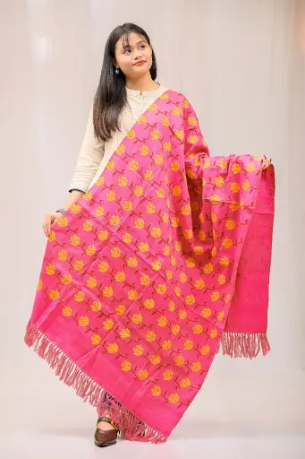 [1001] Pink Yellow Roses Screen Print Shawl